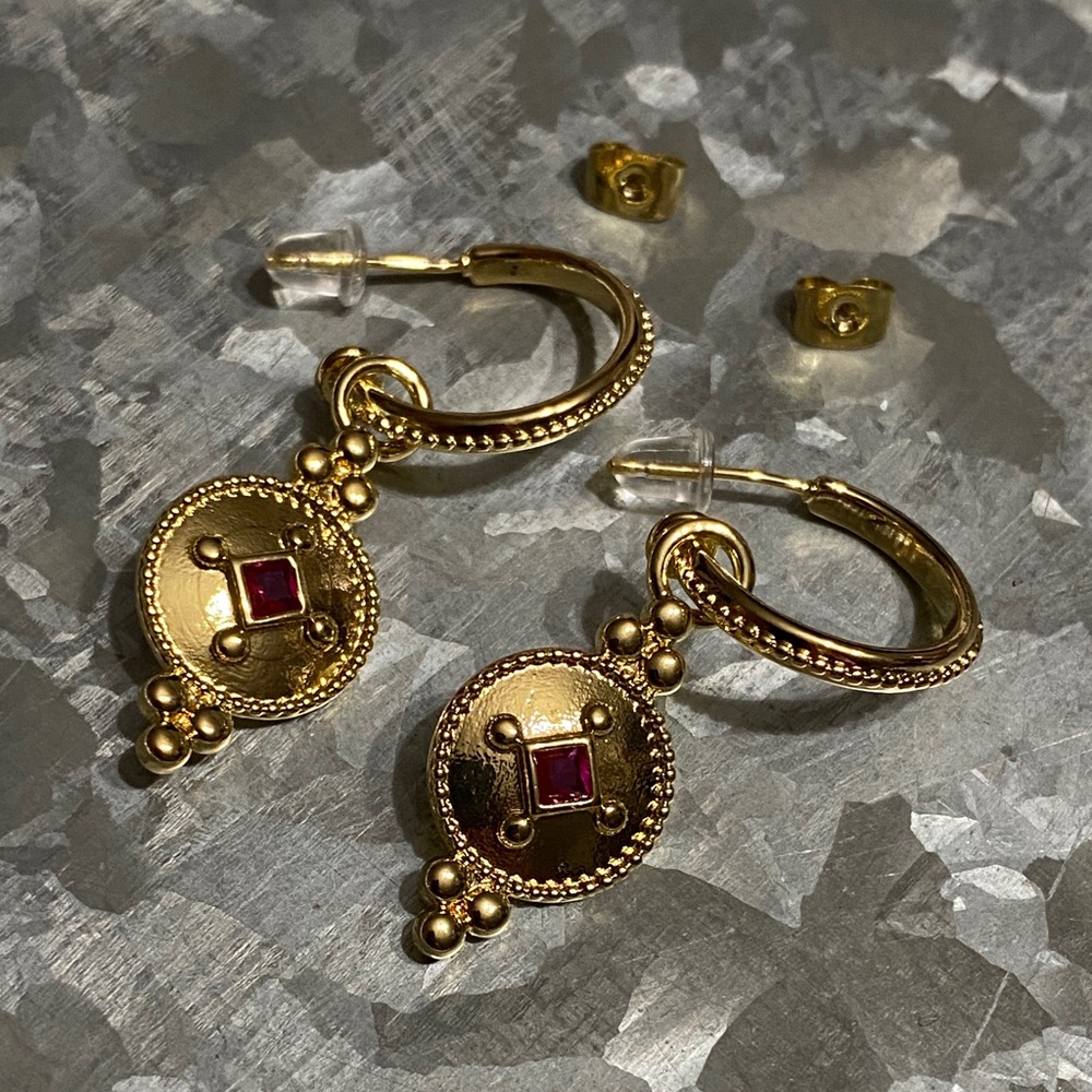 Gold Hoop Drop Earrings With Ruby Rhinestone - image 1